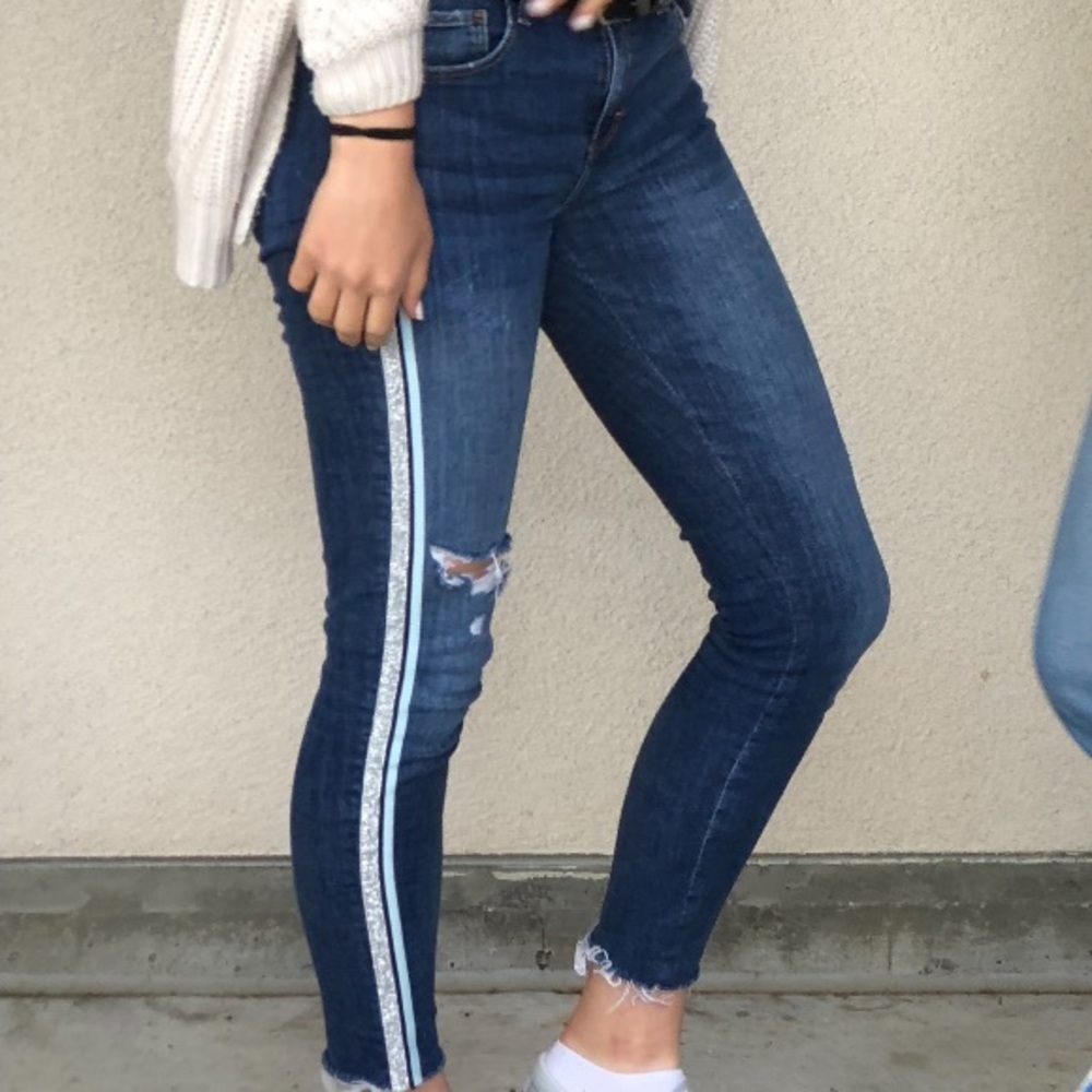 ZARA JEANS w/ blue & silver side ribbon!